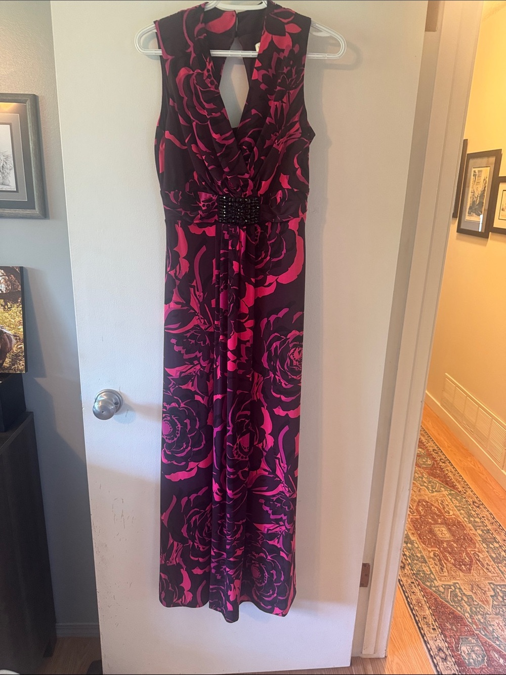 Monsoon Black Maxi Dress with Hot Pink Floral Print